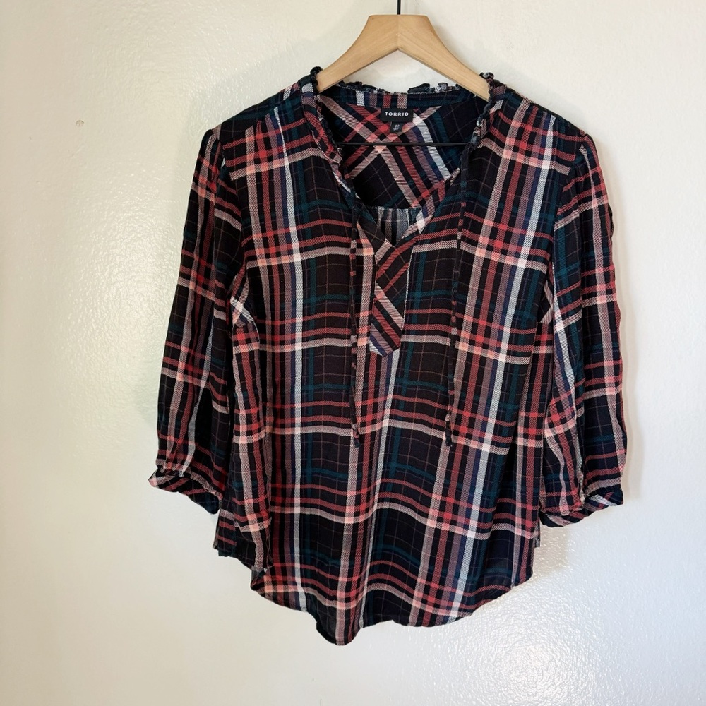 Torrid | Plaid Rayon Twill Tie Neck Peasant Top